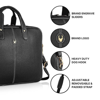 WildHorn leather office bag black — brand engraved sliders, logo, heavy duty dog hook and adjustable padded strap detail — bags.mu Mauritius