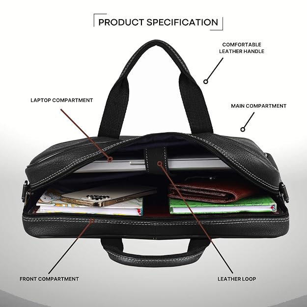 WildHorn genuine leather office bag black — interior showing dedicated laptop compartment, front compartment and leather loop — bags.mu Mauritius
