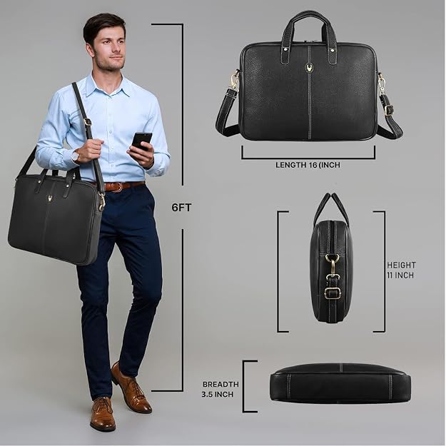 WildHorn genuine leather office bag black worn by male model — dimensions 16 x 11 x 3.5 inches — bags.mu Mauritius