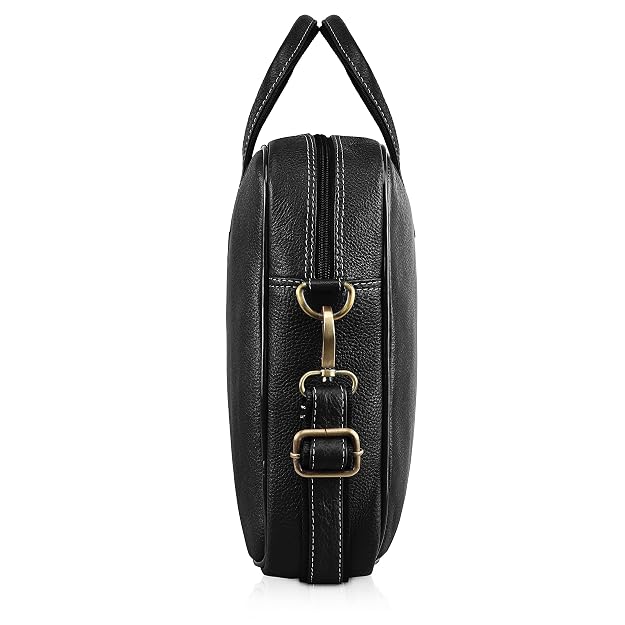 WildHorn genuine leather office bag for men in black — side view showing antique brass dog hook, buckle and YKK zipper detail — bags.mu Mauritius
