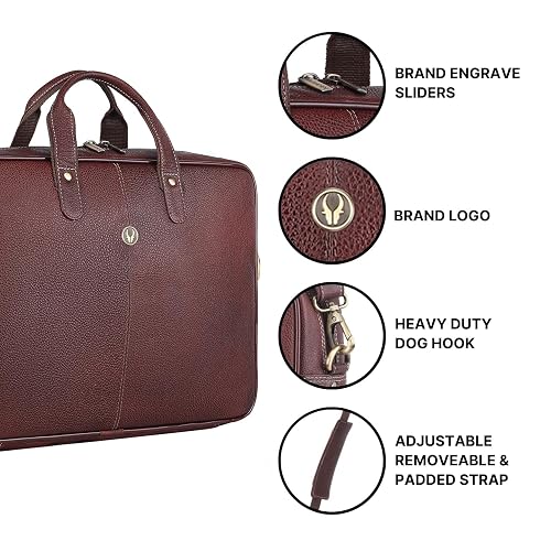 WildHorn leather office bag brown — brand engraved sliders, logo, heavy duty dog hook and adjustable padded strap detail — bags.mu Mauritius
