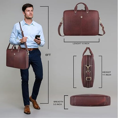 WildHorn genuine leather office bag brown worn by male model — dimensions 16 x 11 x 3.5 inches — bags.mu Mauritius