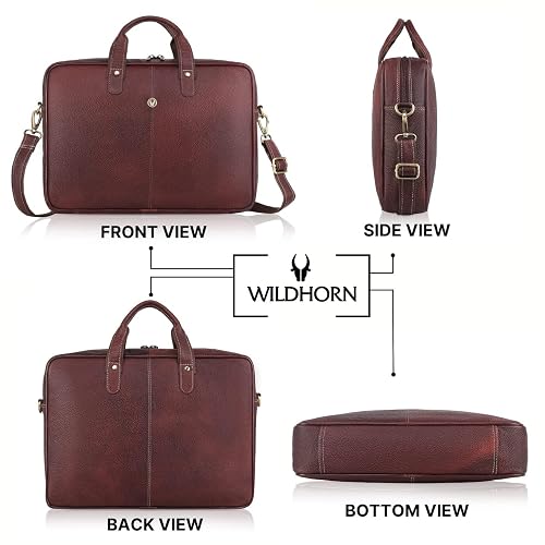 WildHorn genuine leather office bag for men in brown — front, side, back and bottom view — bags.mu Mauritius
