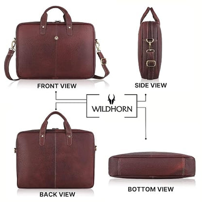 WildHorn genuine leather office bag for men in brown — front, side, back and bottom view — bags.mu Mauritius
