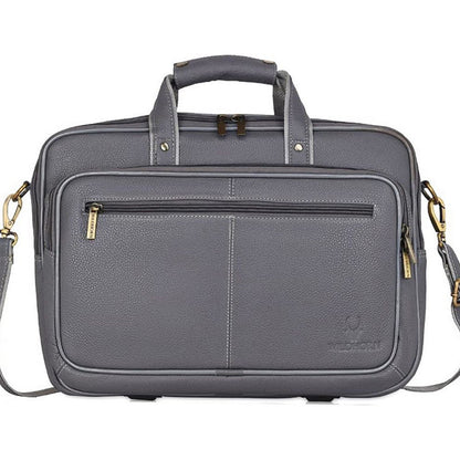 WildHorn grey classic leather messenger bag back view with exterior pocket — bags.mu Mauritius