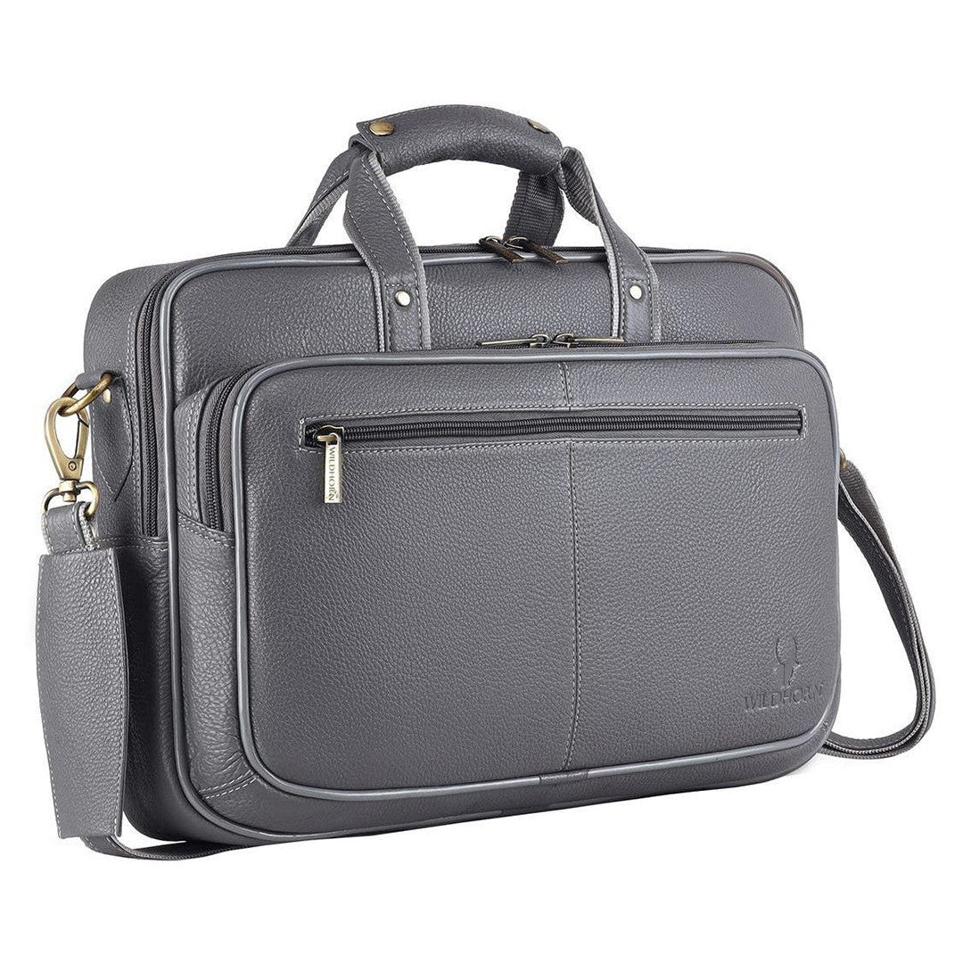 WildHorn grey classic genuine leather 15 inch laptop messenger bag front view with bronze hardware — bags.mu Mauritius