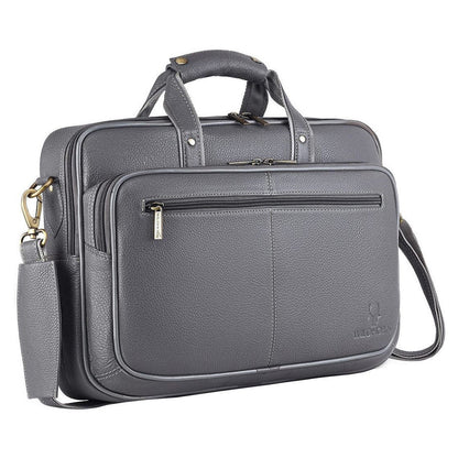 WildHorn grey classic genuine leather 15 inch laptop messenger bag front view with bronze hardware — bags.mu Mauritius