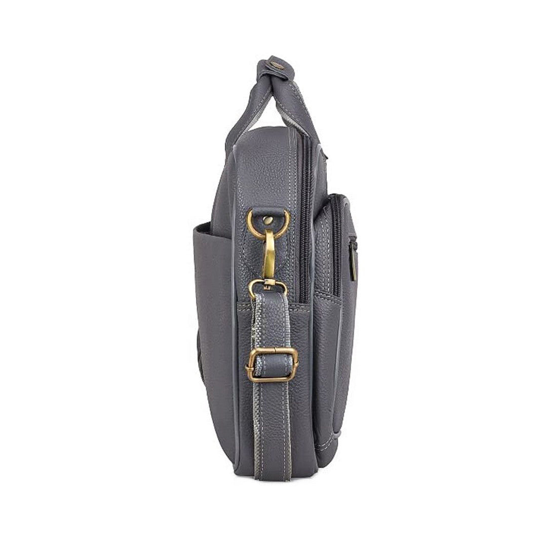 WildHorn grey classic leather messenger bag side view showing depth and adjustable shoulder strap — bags.mu Mauritius