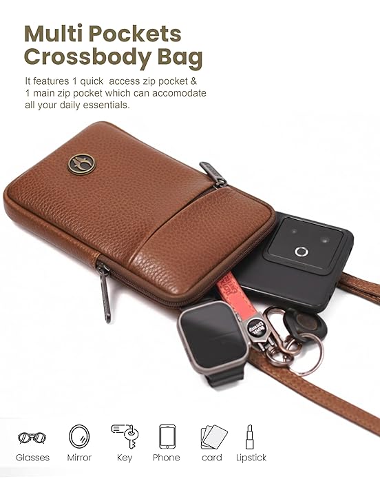 WildHorn Leather Mobile Pouch Walnut – Quick Access Front Zip Pocket