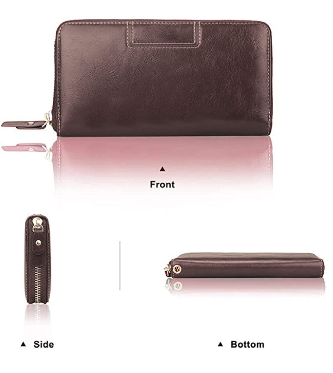 Handheld women brown genuine leather zipper clutch purse Bags.mu