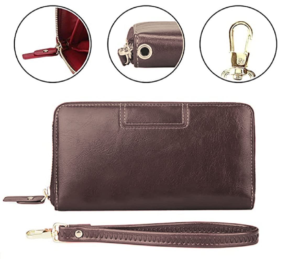 A dark brown faux-leather zip-around wallet with a wrist strap and gold-tone hardware, shown on a white background with three circular detail insets highlighting the interior lining, side grommet, and clasp.
