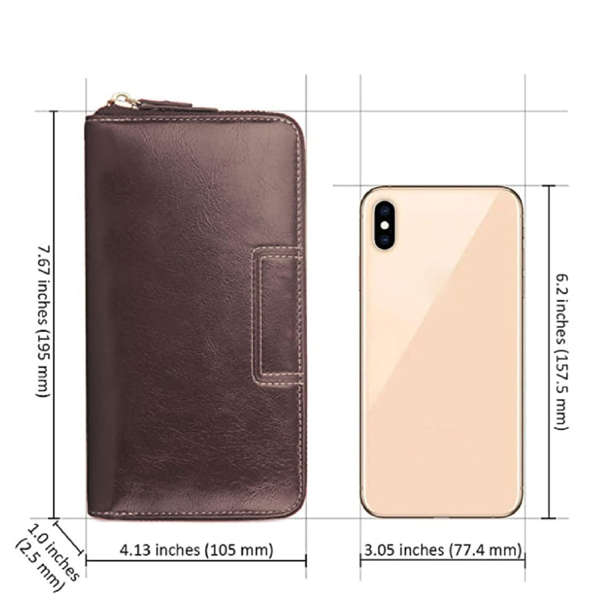 A brown Genuine leather wallet phone case shown next to a smartphone for size comparison, with dimension lines and measurements on a white background.