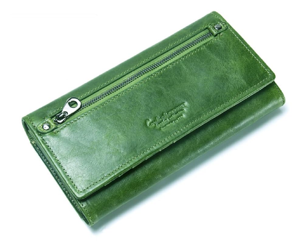 A green leather wallet with a top zipper pocket and silver-tone hardware, photographed on a plain white background shop in Mauritius at bags.mu