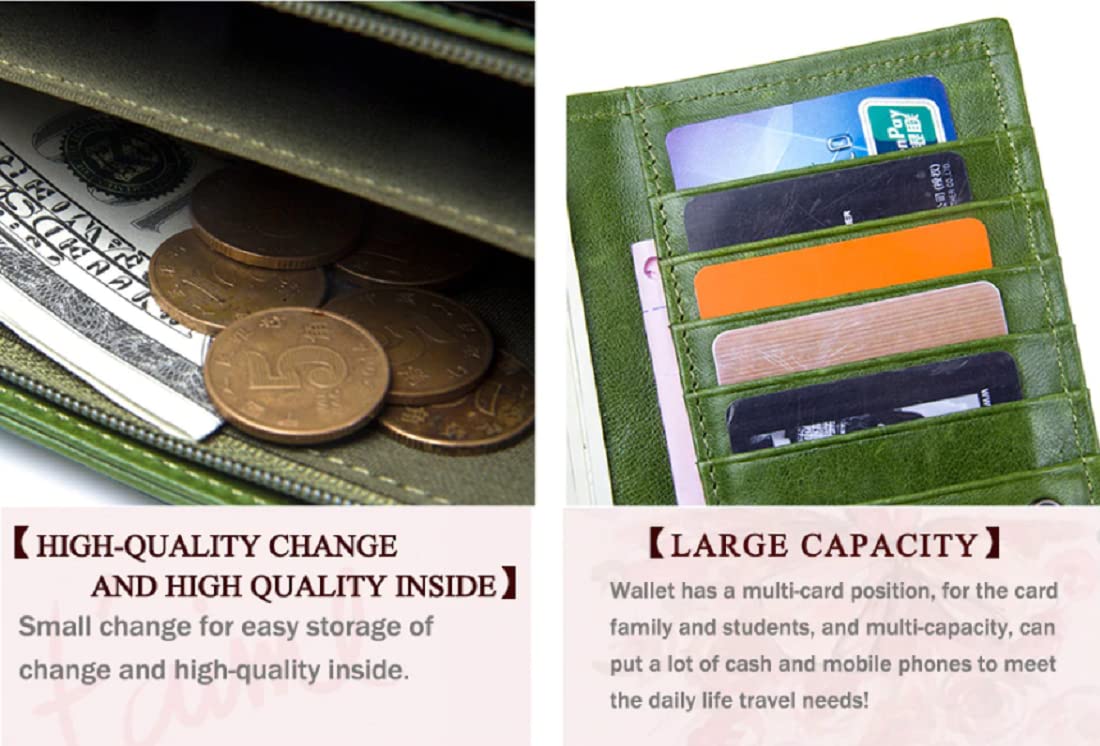 A split-screen product image showing a green leather wallet. The left panel shows the inside of the wallet containing US dollar bills and coins, with text highlighting high-quality  storage, shop in Mauritius at Bags.mu