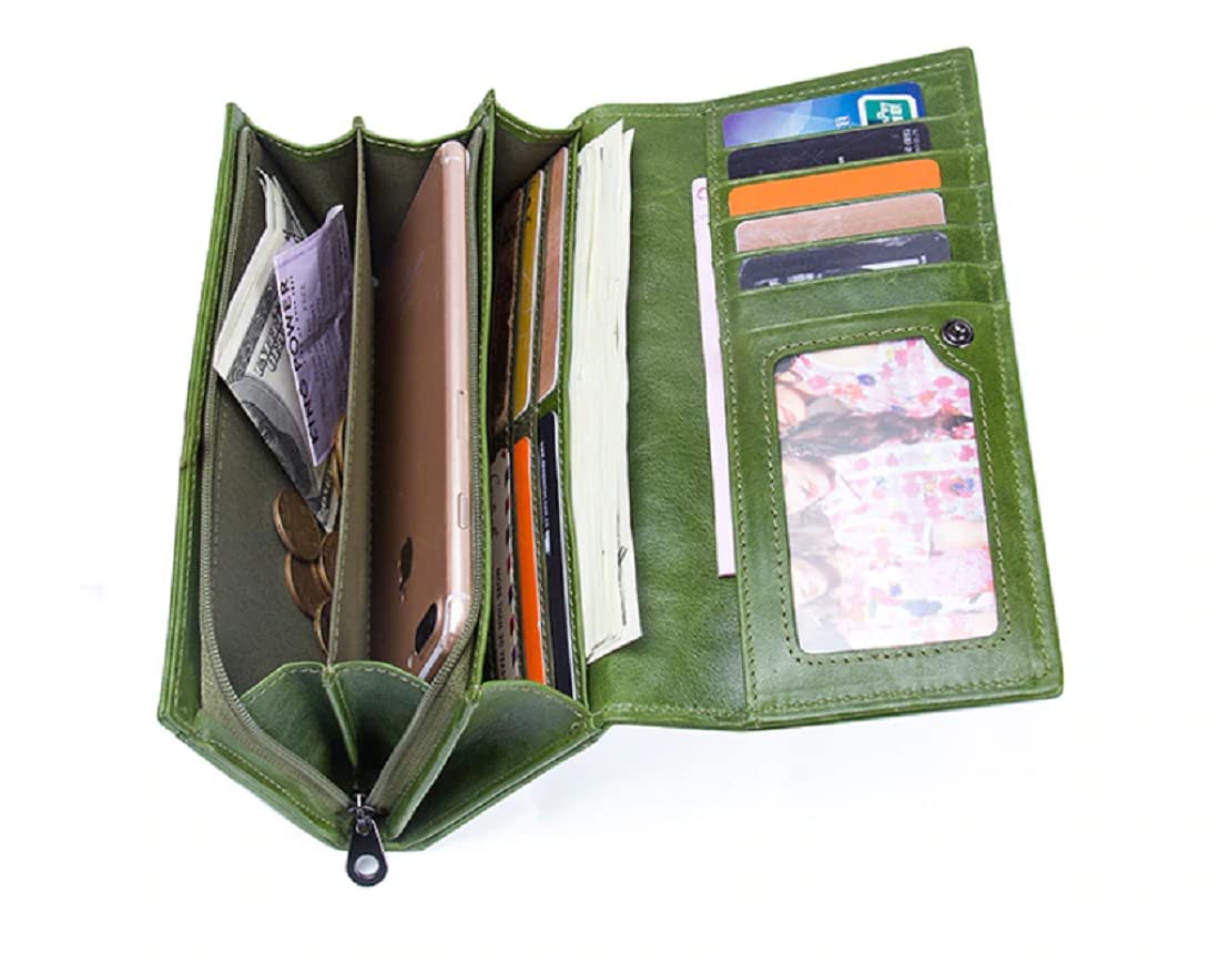 An open olive green leather wallet shown from the inside, featuring multiple card slots filled with sample cards, a zippered compartment with cash and coins, and a phone slot shop in Mauritius at bags.mu