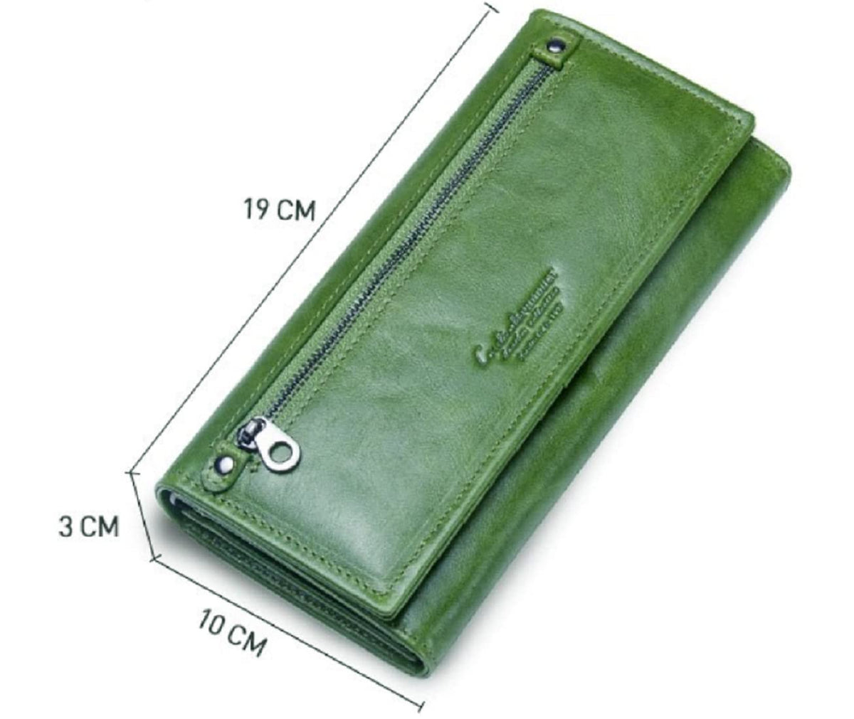 Green leather wallet with zipper closure, shown with dimension lines indicating measurements of 19 cm length, 10 cm width, and 3 cm height on a white background shop in Mauritius at Bags.mu