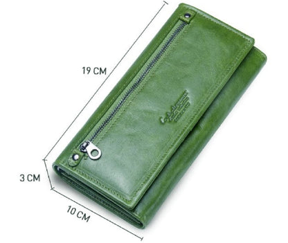 Green leather wallet with zipper closure, shown with dimension lines indicating measurements of 19 cm length, 10 cm width, and 3 cm height on a white background shop in Mauritius at Bags.mu