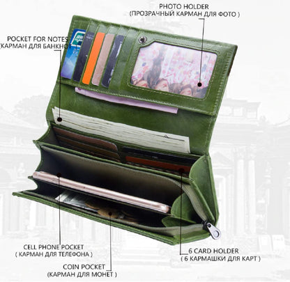 An olive green leather wallet shown open with multiple labeled pockets and compartments, including a photo holder, card slots, phone pocket, coin pocket, and note pocket, on a light gray background with black text callouts shop in Mauritius at bags.mu