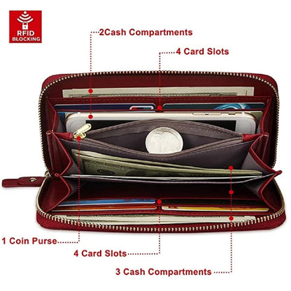 A red zip-around wallet shown open on a white background with overlaid callouts indicating storage compartments and card slots. The wallet contains cash, cards, and a coin purse, and the top-left corner includes an RFID blocking . Bags.mu