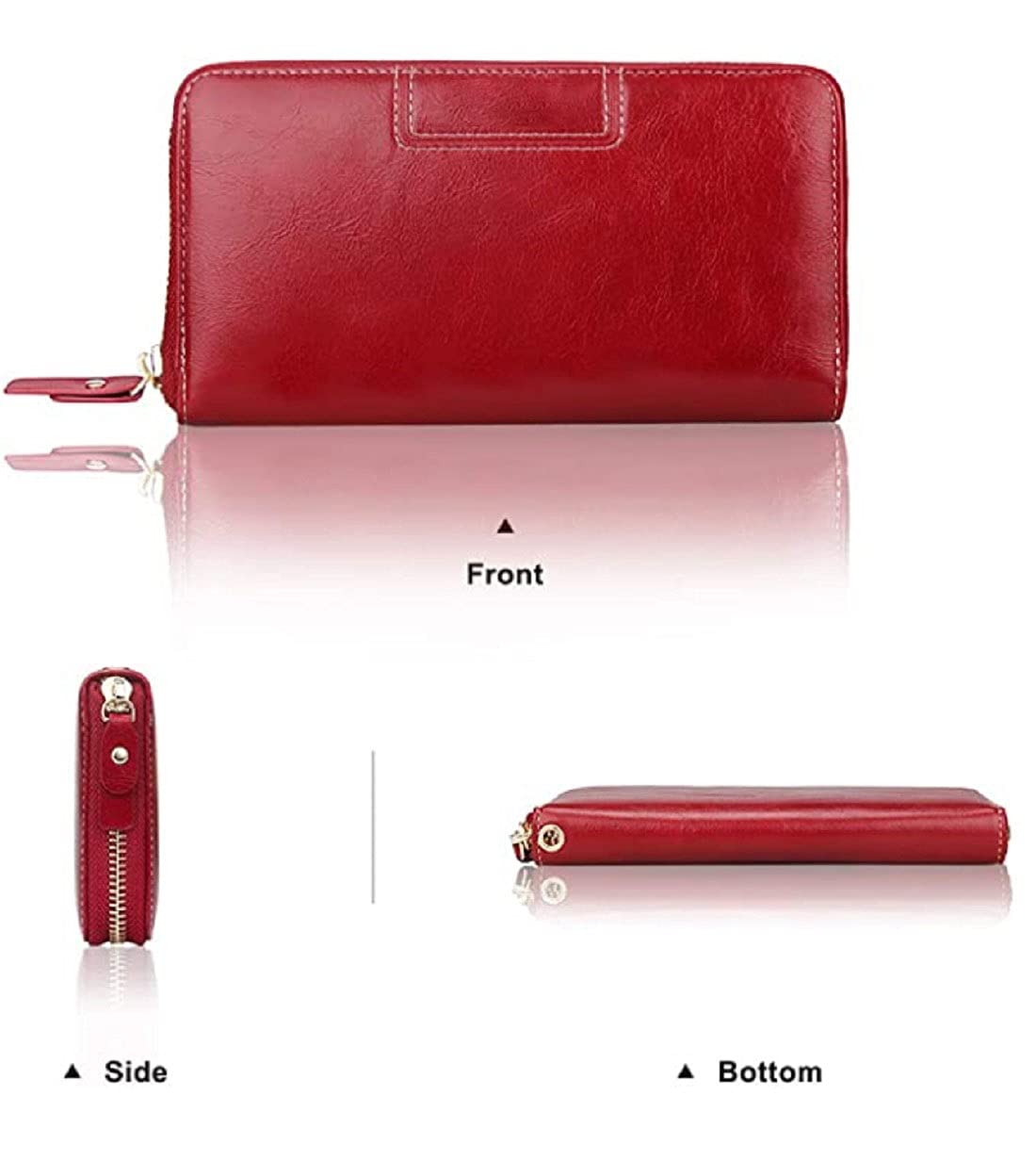A red zip-around wallet shown from multiple angles on a white background, with front, side, and bottom views labeled. The wallet appears to be made of smooth leather with a zipper closure and small gold-tone hardware in Mauritius at Bags.mu