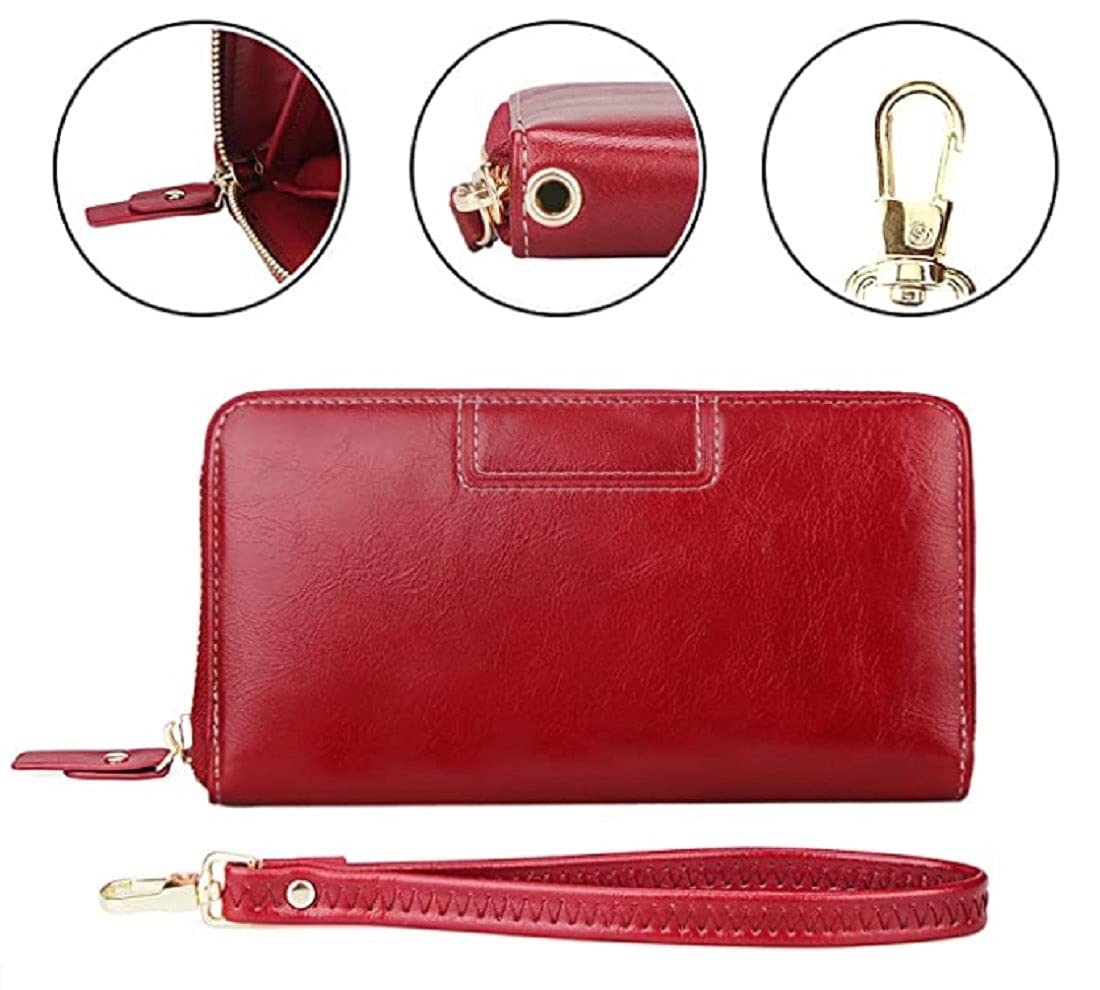 A red genuine leather zip-around wallet with a wrist strap and gold-tone hardware, shown on a white background with three circular detail insets highlighting the zipper, side grommet, and clasp available in Mauritius at Bags.mu