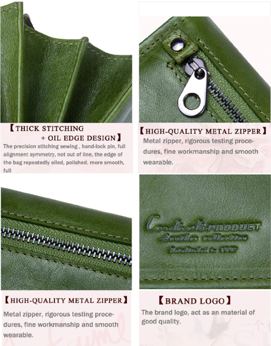 A four-panel close-up collage of an olive green leather bag, highlighting thick stitching, a high-quality metal zipper, and an embossed brand logo with descriptive text overlays shop in Mauritius at Bags.mu