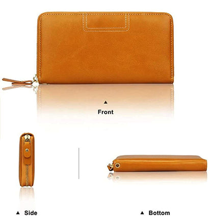 Tan leather wallet shown from front, side, and bottom angles on a white background available in Mauritius at bags.mu