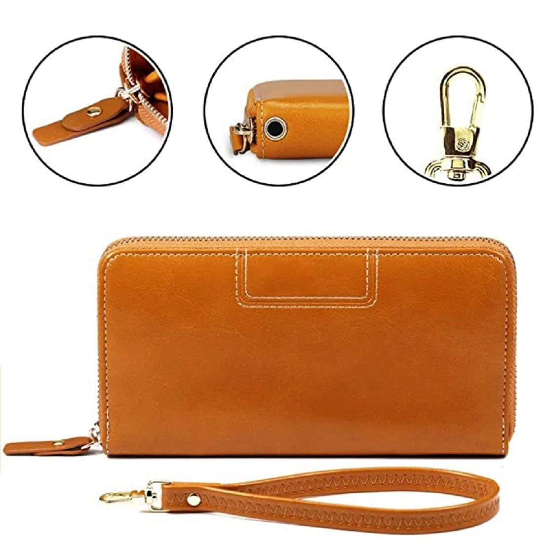Tan leather wallet with wrist strap and close-up details on a white background