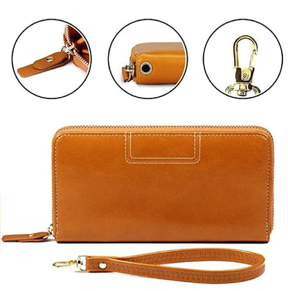 Tan leather wallet with wrist strap and close-up details on a white background
